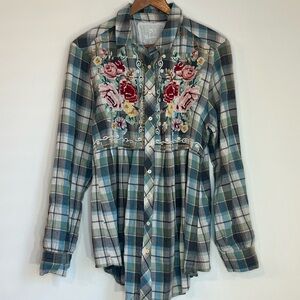 Johnny Was Striped Plaid Shirt with Embroidery